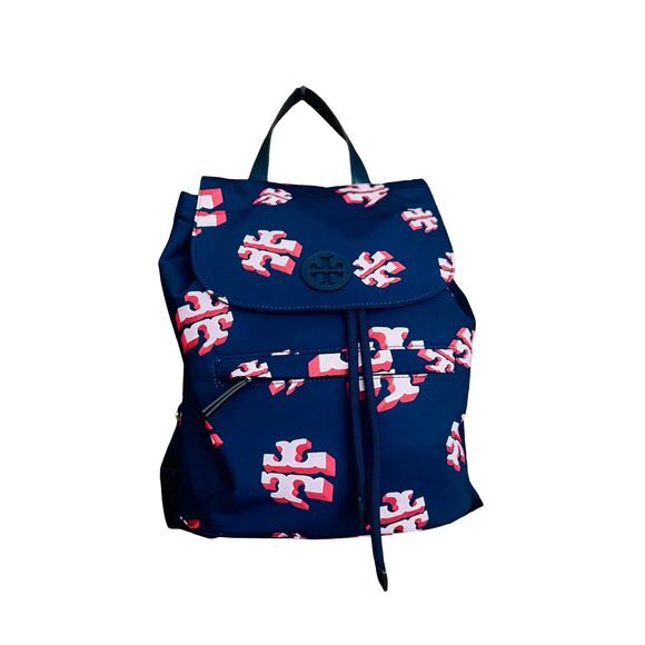 Tory Burch Nylon Logo Backpack – Navy & Red Print NWOT - Picture 1 of 8
